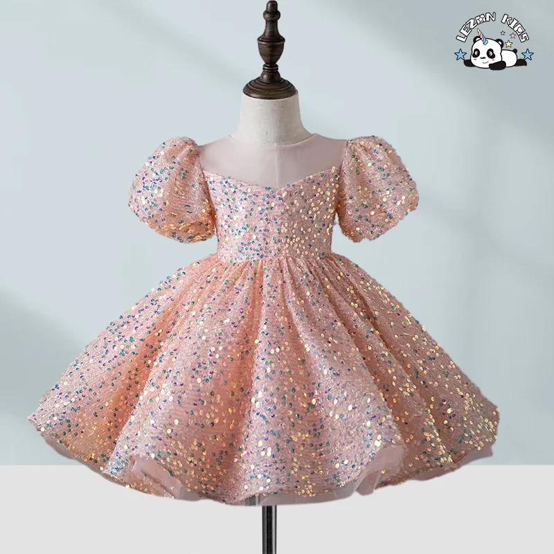 LEZONKIDS - Novo Vestido de Princesa de Aniversário com Lantejoulas, Vestido de Primeiro Ano, Vestido de Desempenho, Vestido de Menina, Vestido de Florista de Casamento com Manga Bolha